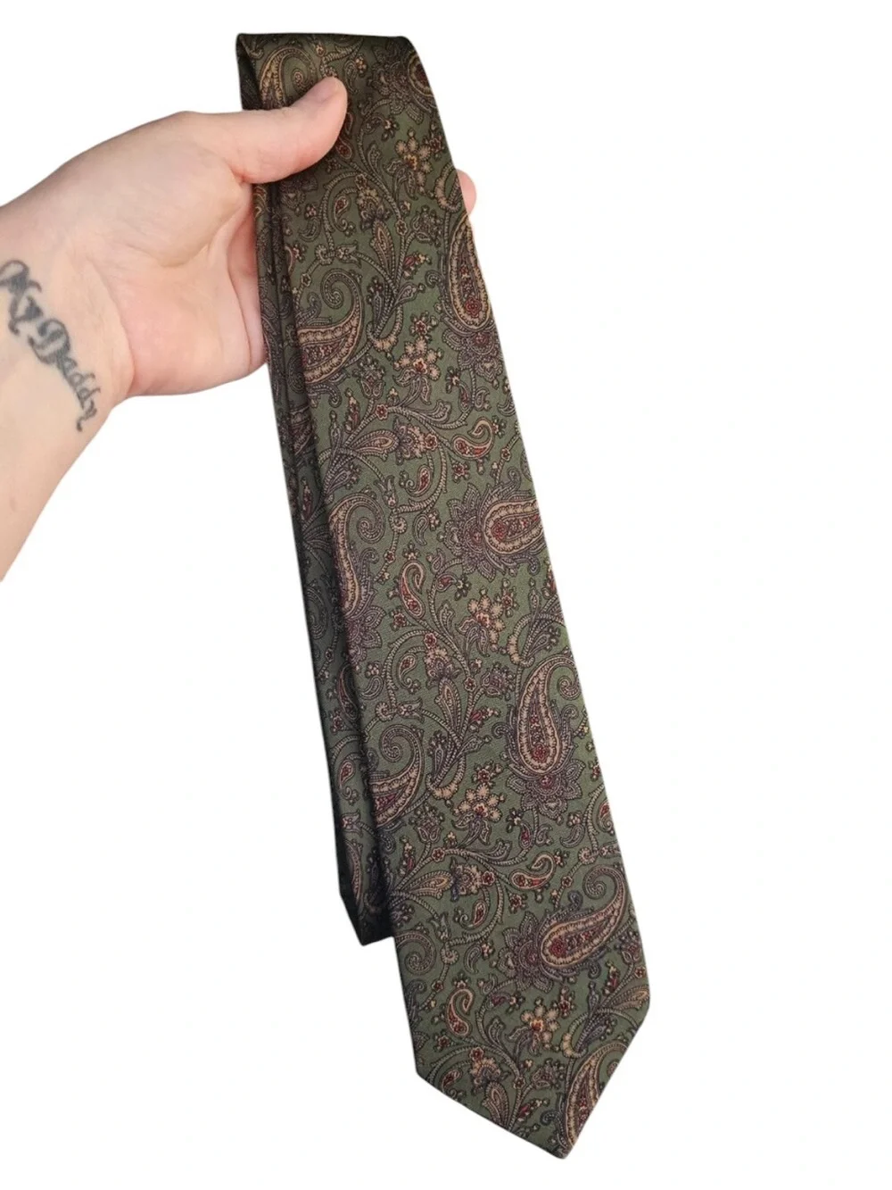 Vintage Burberrys of London Olive Green Paisley 100% Silk Tie Hand Made